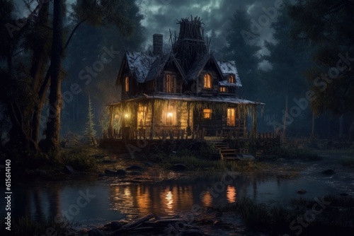 Halloween image. Dilapidated overgrown with grass Horror house with glowing windows stands in middle of swamp in frightful forest. Generated AI.