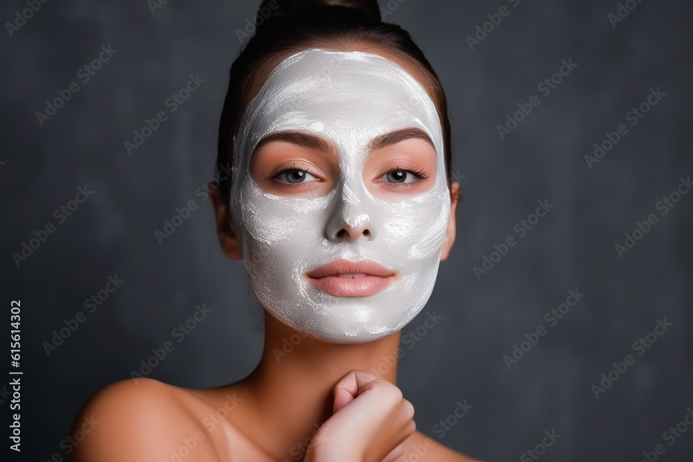 Beautiful young woman with facial mask on her face. Skin care and treatment, spa, natural beauty and cosmetology concept. Generative AI