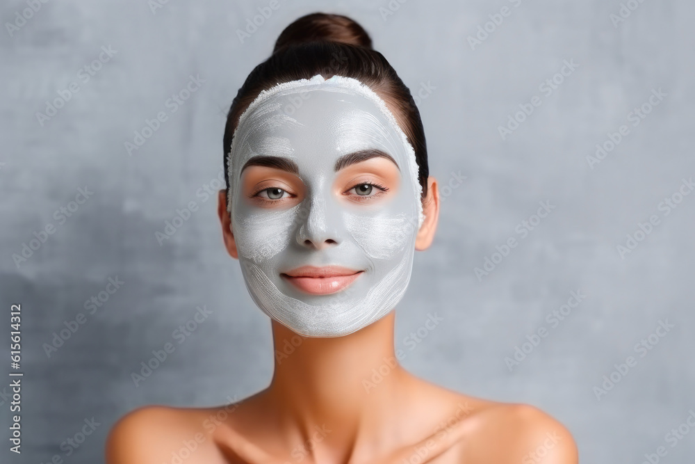 Beautiful young woman with facial mask on her face. Skin care and treatment, spa, natural beauty and cosmetology concept. Generative AI