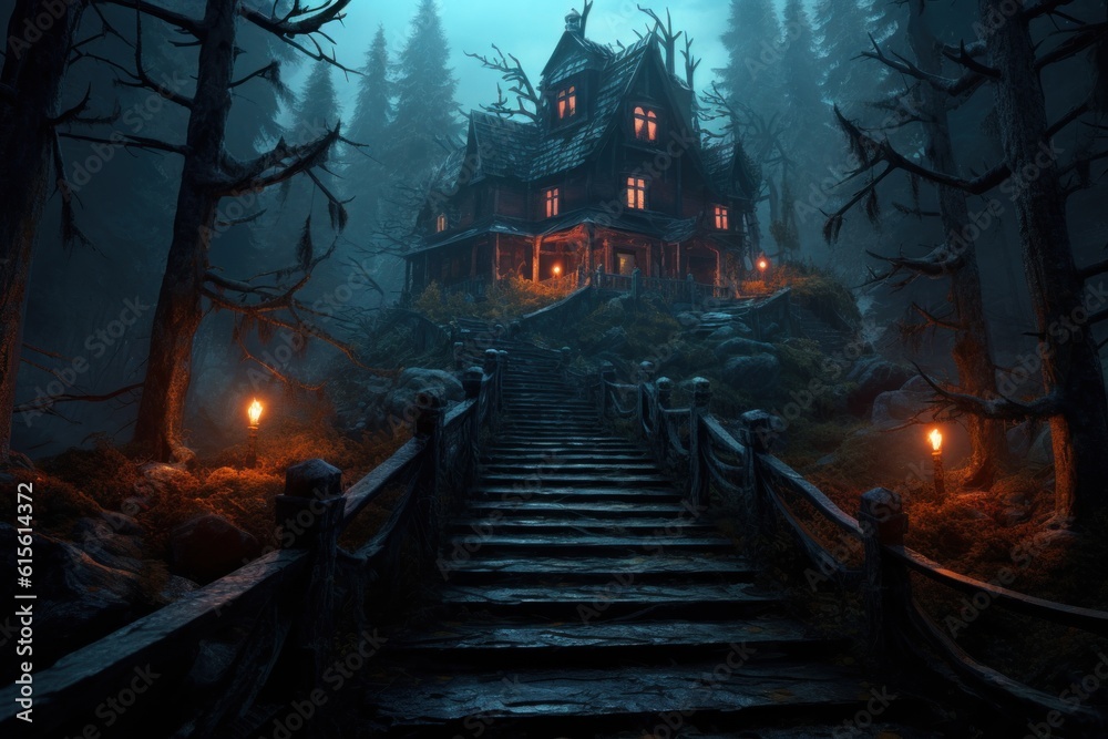 Creepy staircase leads to Halloween Horror house stands on mound in eerie black forest. Generated AI.