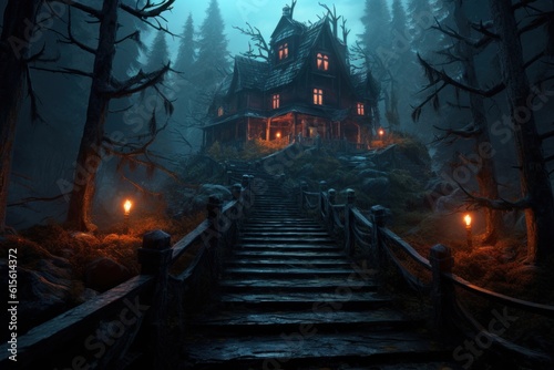 Creepy staircase leads to Halloween Horror house stands on mound in eerie black forest. Generated AI.