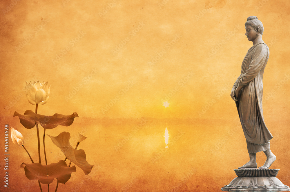 Standing buddha and lotus on an old paper background. Stock Photo