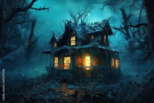 Halloween image. Dilapidated overgrown with grass Horror house in eerie foggy blue forest. Generated AI.