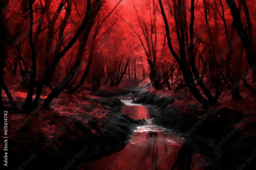 Terrible red Halloween forest with river among black trees. Generated AI. - obrazy, fototapety, plakaty 