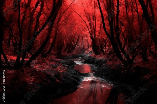 Terrible red Halloween forest with river among black trees. Generated AI.