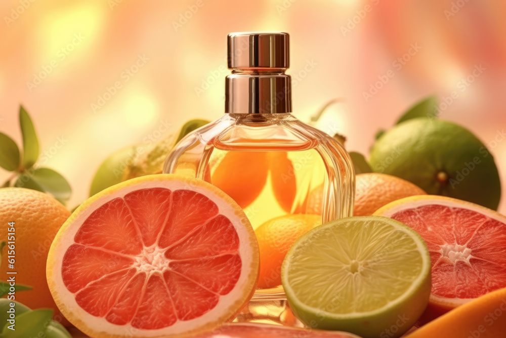 perfume bottle on citrus background. AI generated perfume bottle on citrus background. AI generated