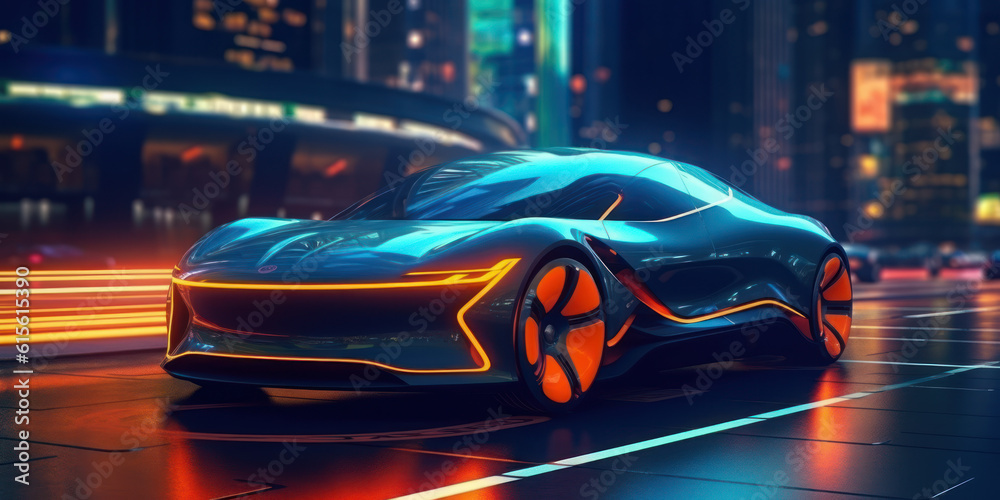 Electric Mobility: Futuristic Car with Electric Motor in Modern Night City. EV electric car system. futuristic car in night with morden light smart city