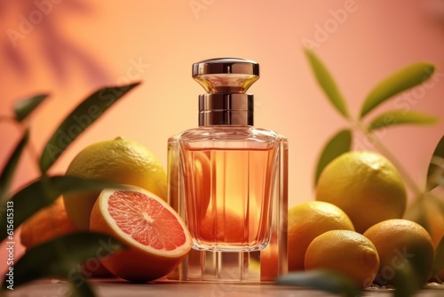 perfume bottle on citrus background. AI generated