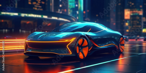 Electric Mobility: Futuristic Car with Electric Motor in Modern Night City. EV electric car system. futuristic car in night with morden light smart city © Bartek