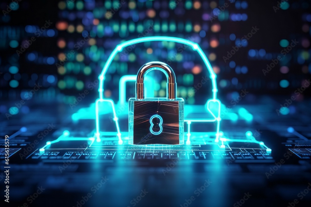 Futuristic background with a padlock as a symbol of internet security and personal data protection. AI generated