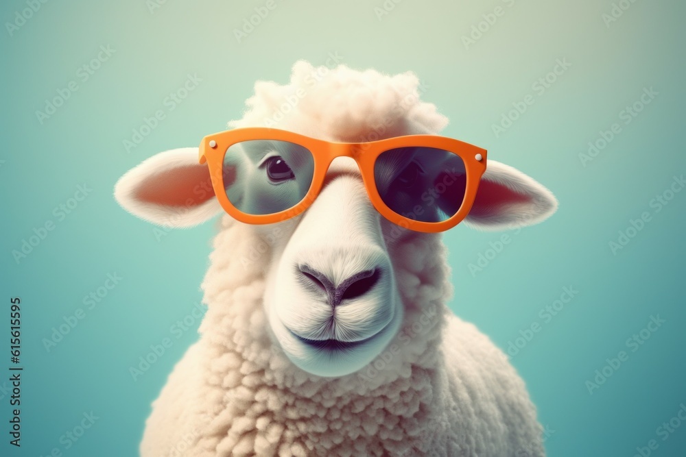 Fototapeta premium Funny cute sheep in sunglasses with happy emotion. AI generated, human enhanced