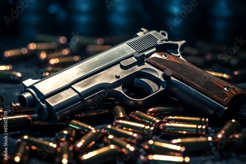 A pistol among the bullets on the concrete floor. Background with selective focus. AI generated, human enhanced photo