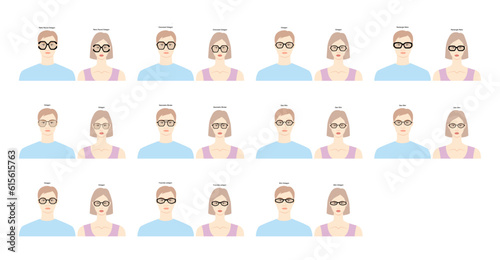 Set of Octagon frame glasses on women and men flat character fashion accessory illustration. Sunglass front view for unisex silhouette style, rim spectacles eyeglasses with lens sketch style outline