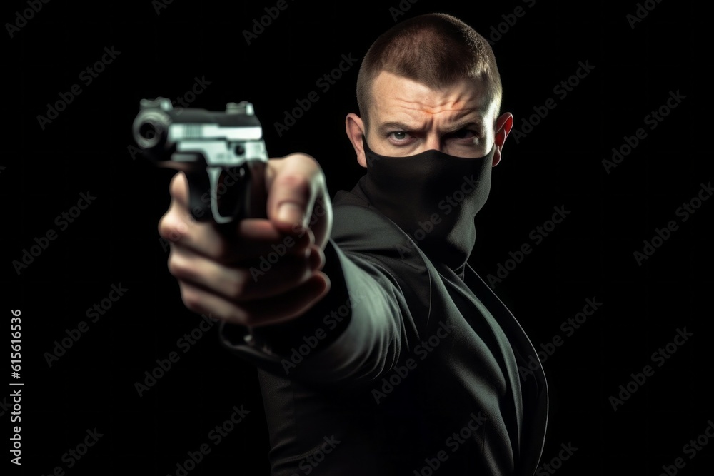 Masked criminal with a gun. Background with selective focus. AI generated, human enhanced Masked criminal with a gun. Background with selective focus. AI generated, human enhanced
