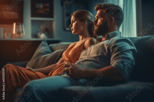 A man and a woman are relaxing on the sofa in the evening. Background with selective focus. AI generated