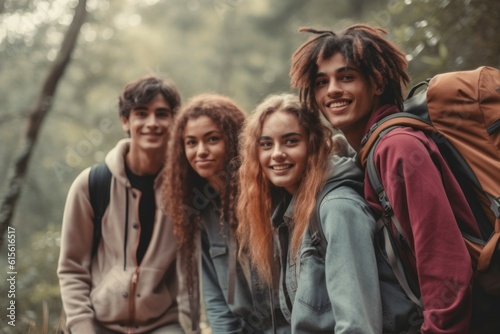 A group of teenagers on vacation in a hike or on an excursion. Background with selective focus. AI generated