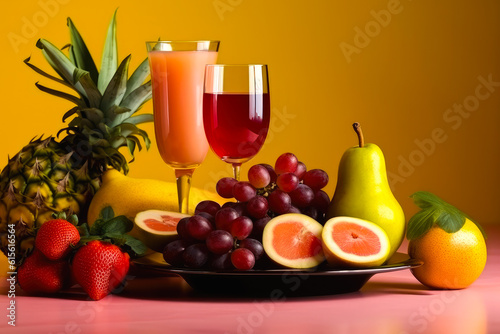 Composition of fruits and glasses of juice  generative ai