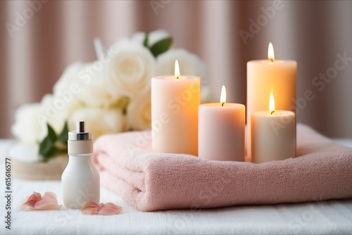 Composition of spa candles and towels, generative ai