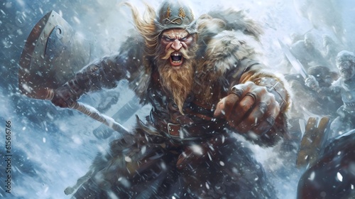 a fierce viking attacking in combat wielding a sword charging towards his enemy at winter scandinavia