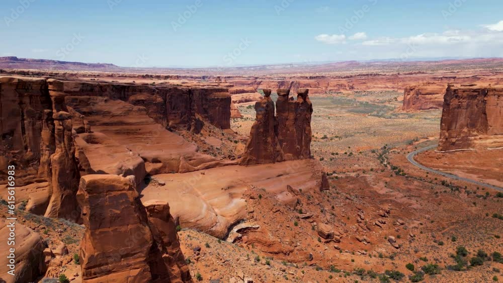 Panoramic aerial view to the Utah valley. Red rocky spires, natural phenomena, landscape of another planet, scenic Utah. Drone footage. Famous places of USA Panoramic aerial view to the Utah valley. Red rocky spires, natural phenomena, landscape of another planet, scenic Utah. Drone footage. Famous places of USA