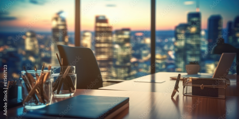 Business Ambiance: Blurred Office Workspace in the Evening with City View Business Ambiance: Blurred Office Workspace in the Evening with City View