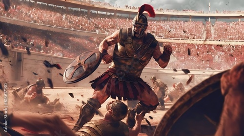 a fierce gladiator attacking. An armoured roman gladiator in combat wielding a sword charging towards his enemy. Ancient Rome gladiatoral games in coliseum photo