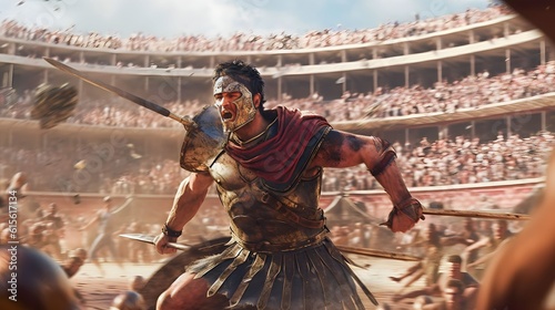 a fierce gladiator attacking. An armoured roman gladiator in combat wielding a sword charging towards his enemy. Ancient Rome gladiatoral games in coliseum photo