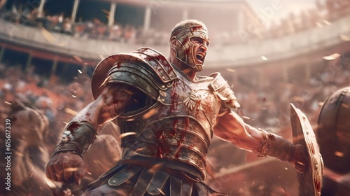 a fierce gladiator attacking. An armoured roman gladiator in combat wielding a sword charging towards his enemy. Ancient Rome gladiatoral games in coliseum