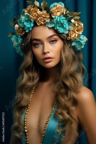 a beautiful woman wearing an elaborate gold and flower crown, in the style of turquoise and azure, phoenician art, intricate costume. generative AI photo