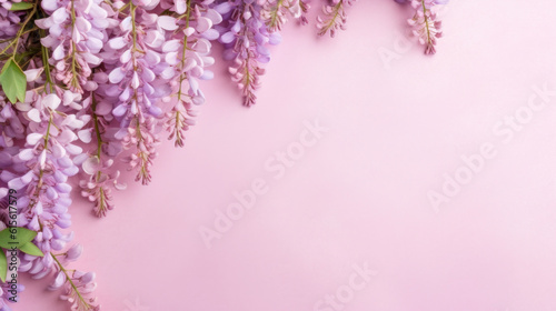 Wisteria flowers on pink background with copy space Generative AI