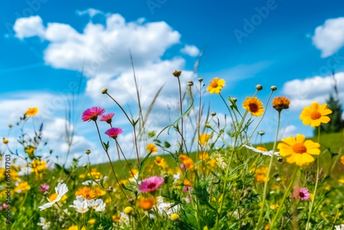 Wild flowers meadow with sky in background, generative ai © MVProductions