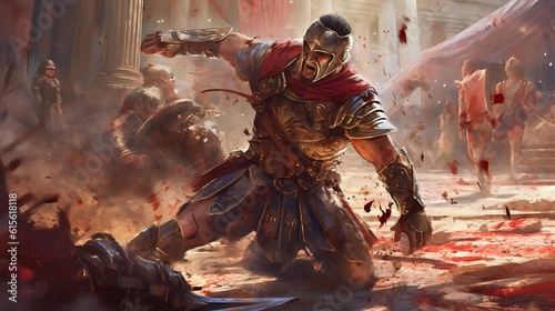 a fierce gladiator attacking. An armoured roman gladiator in combat wielding a sword charging towards his enemy. Ancient Rome gladiatoral games in coliseum