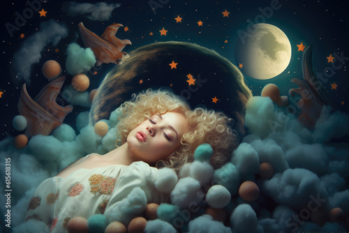 Young woman sweetly sleeping seeing dreams