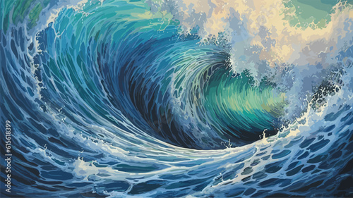 Big wave in a raging sea. A strong storm in the ocean. Big waves. Blue tones. The power of raging nature. Seascape, artwork. Vector illustration design