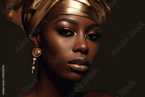 an african woman with gold makeup and head wraps, looking at the camera she is wearing a golden turba photo