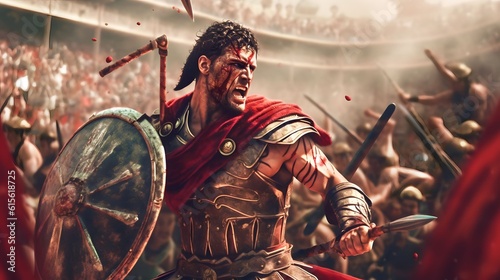 a fierce gladiator attacking. An armoured roman gladiator in combat wielding a sword charging towards his enemy. Ancient Rome gladiatoral games in coliseum photo