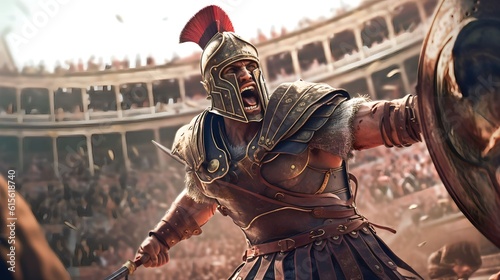a fierce gladiator attacking. An armoured roman gladiator in combat wielding a sword charging towards his enemy. Ancient Rome gladiatoral games in coliseum