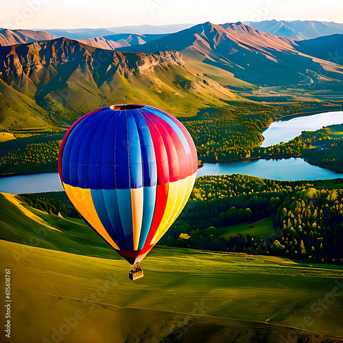 Globo aerostático de colores volando sobre un paisaje con montañas y lagos 