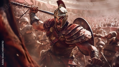 a fierce gladiator attacking. An armoured roman gladiator in combat wielding a sword charging towards his enemy. Ancient Rome gladiatoral games in coliseum photo