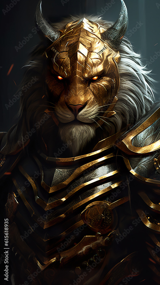 A close up of a lion wearing armor. Generative AI.