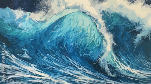 Fototapeta Naklejka Na Ścianę i Meble -  Big wave in a raging sea. A strong storm in the ocean. Big waves. Blue tones. The power of raging nature. Seascape, artwork. Vector illustration design