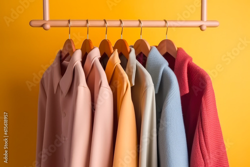 Fashionable clothes on hangers on a wardrobe rack on a bright yellow background, generative ai