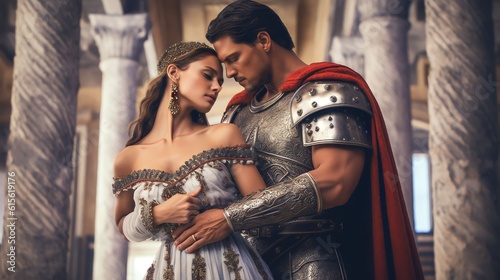 a gladiator in armored Roman gladiator with a very beautiful queen using white less dress Tempt in Ancient Rome palace © Salsabila Ariadina