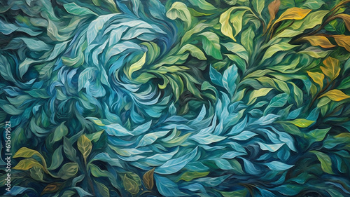 Abstract Background with Swirl of Leaves in Green and Blue - Digitally Painted Illustration - Generative AI