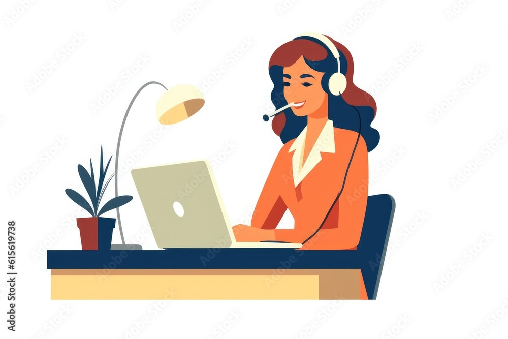 illustration, young customer service representative working in front of a computer, minimalist on a white background. generative ai illustration, young customer service representative working in front of a computer, minimalist on a white background. generative ai