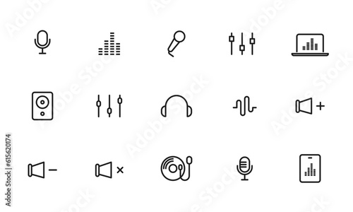 音響、音響機器のアイコンセット/マイク/ヘッドホン/イコライザー/スピーカー/音波/イラスト/ベクター