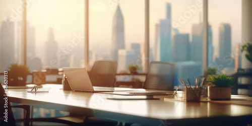 Urban Office Environment: Blurred Large Workspace with Cityscape Background