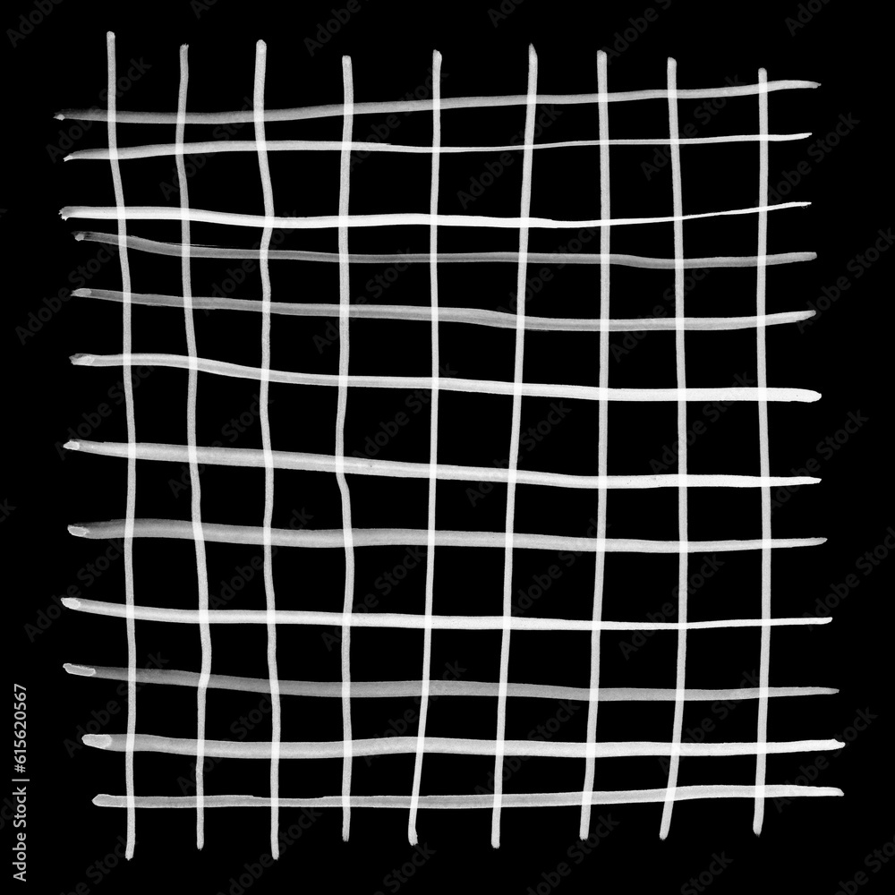Painted watercolor decorative grid from white strips. Hand drawn elements isolated on black.