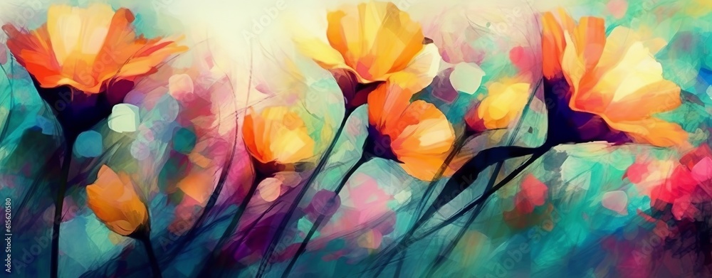 An illustration of a colorful flowers panorama background. Created with Generative AI technology