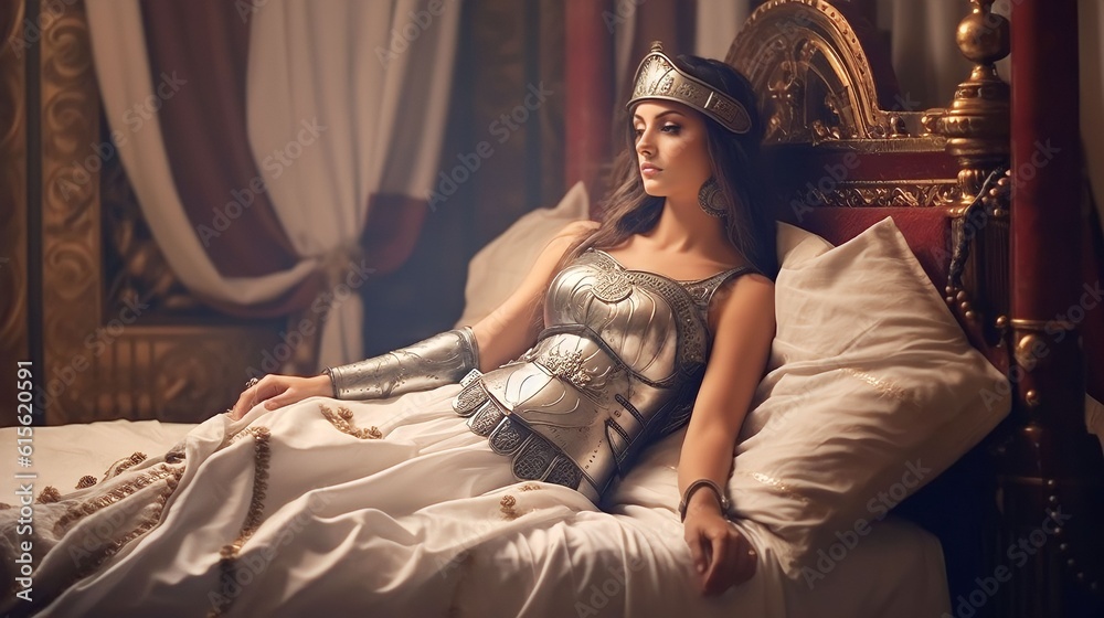 a very beautiful queen using white less dress Tempt in Ancient Rome palace